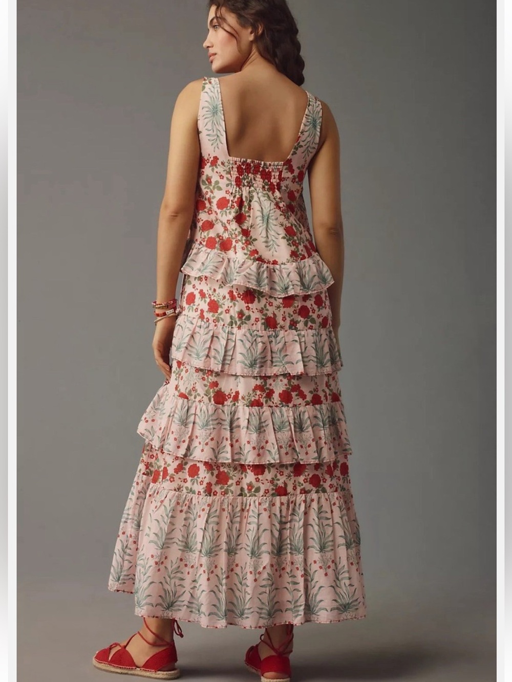Anthropologie Pink Floral Tiered Sundress with Red Accents - Picture 12 of 13